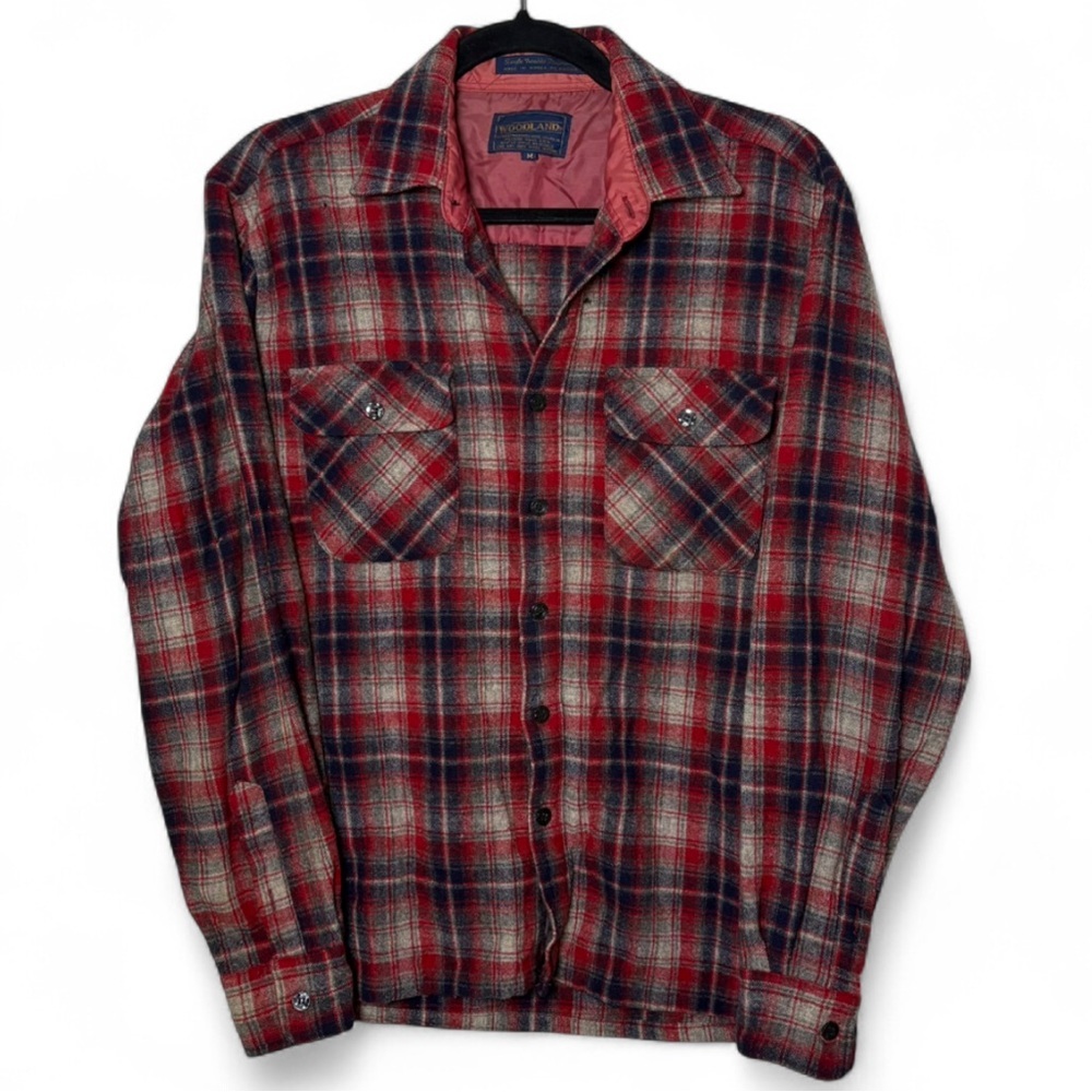 Woodland Wool Flannel Shirt Jacket Mens M Plaid Chacket Rugged Vintage